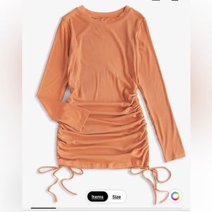 Light orange drawstring hem ribbed mini bodycon dress